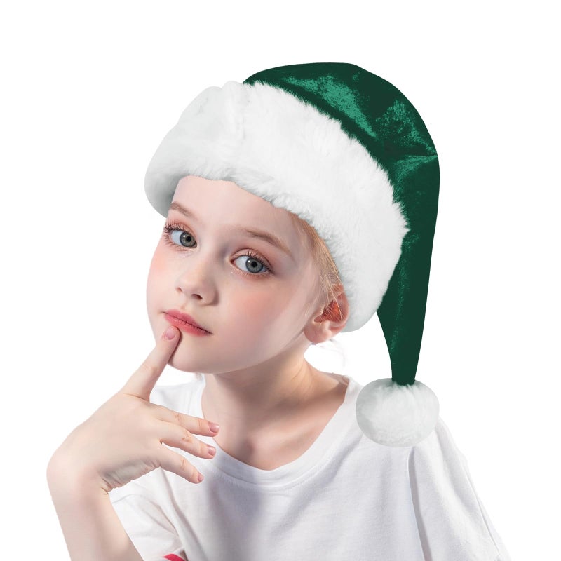 Eoocan Santa Hat  Santa Hat for Kids  Unisex Velvet Comfort Green Christmas Hats Extra Thicken Classic Plush for Christmas New Year Festive Holiday Party Supplies - Image 1